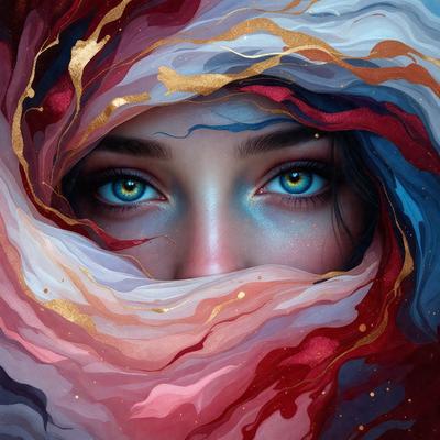 The primary subject of the image is a woman with blue eyes, wearing a red and gold scarf. She is looking at the camera, and her eyes are a striking shade of blue. The setting is a colorful and artistic background, which adds to the overall visual style of the image. The colors and mood of the image are vibrant and lively, with the red and gold scarf contrasting beautifully against the woman's skin.